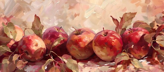 Vibrant oil painting of apples, lush fruit still life. ideal for kitchen decor and art collectors. rich colors, impressionist style. AI