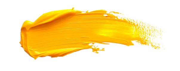 A yellow brush stroke with yellow paint splatters on a white background Isolated on transparent background, PNG