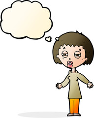 cartoon tired woman with thought bubble