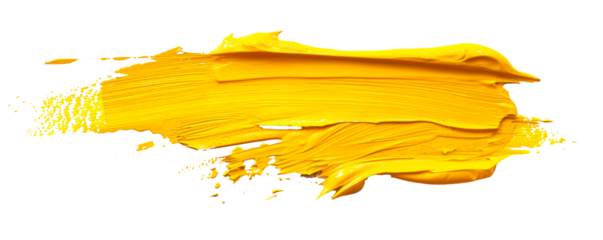 A yellow brush stroke with yellow paint splatters on a white background Isolated on transparent background, PNG