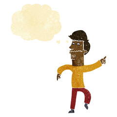 cartoon worried man pointing with thought bubble