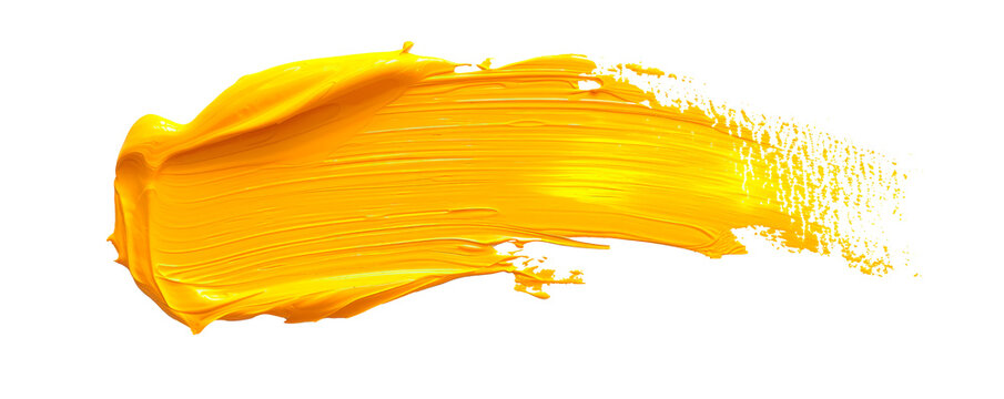 A yellow brush stroke with yellow paint splatters on a white background Isolated on transparent background, PNG