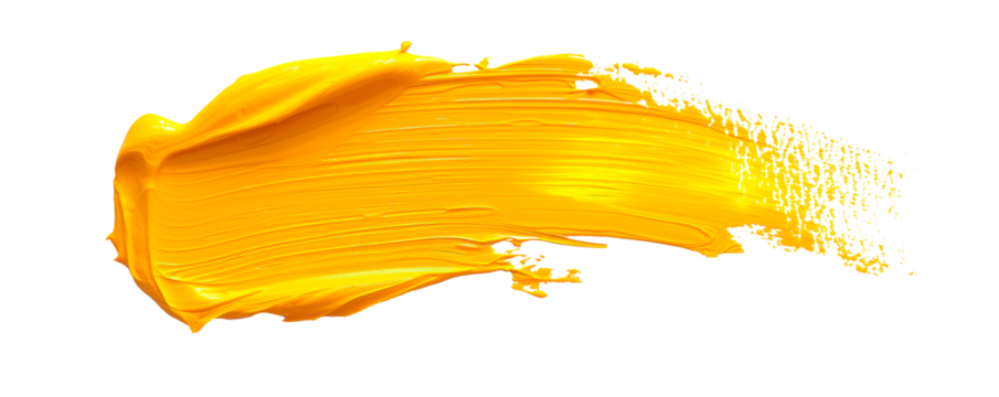 A yellow brush stroke with yellow paint splatters on a white background Isolated on transparent background, PNG