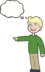 cartoon man pointing and laughing with thought bubble