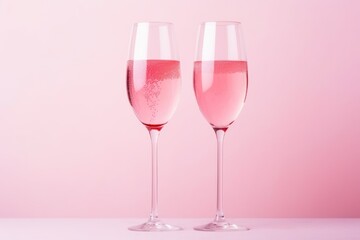 Two flutes of bubbly pink champagne, festive celebration.