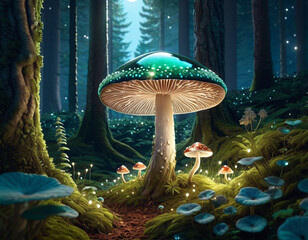A mystical night scene in a forest with glowing mushrooms, a full moon, and stars. The atmosphere is enchanting and surreal.
