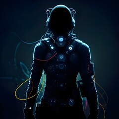 Futuristic Astronaut Silhouette: An enigmatic figure resembling an astronaut stands against a dark backdrop. Illuminated from behind, the silhouette exudes a futuristic aura. Intricate designs adorn t