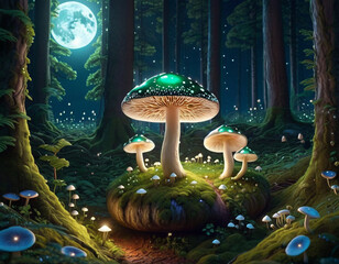 A mystical night scene in a forest with glowing mushrooms, a full moon, and stars. The atmosphere is enchanting and surreal.