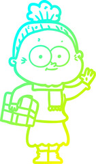 cold gradient line drawing cartoon happy old woman