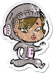 distressed sticker of a cartoon astronaut woman