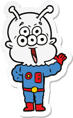 sticker of a happy cartoon alien waving