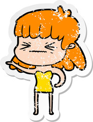 distressed sticker of a cartoon angry girl