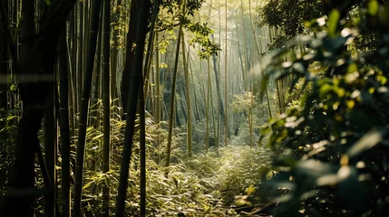 Keuken spatwand met foto Sunlit Bamboo Forest: A Tranquil Morning Amidst Lush Greenery and Golden Rays © AounMuhammad