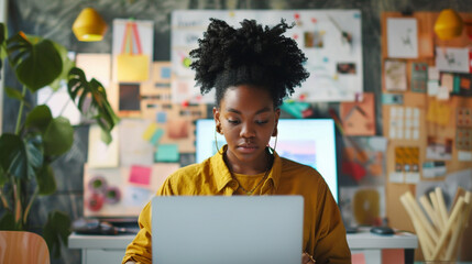 A young black woman in a creative office space, deeply focused on her laptop screen, with sketches and mood boards in the background, business technology, with copy space - obrazy, fototapety, plakaty