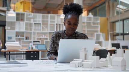 A young black architect viewing 3D models on her laptop, in a creative studio filled with blueprints and architectural drafts, business technology, with copy space