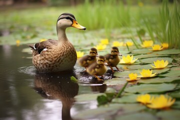 Obraz premium A mother duck leading her ducklings across a pond, A mother duck leads her ducklings across a pond, AI generated