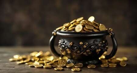  A treasure trove of golden coins overflowing from a black pot