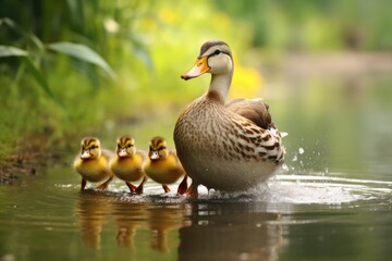 A mother duck leading her ducklings across a pond, A mother duck leads her ducklings across a pond, AI generated