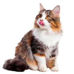 A cat with a pink tongue is sitting on a white background Isolated on transparent background, PNG