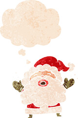 cartoon santa claus shouting and thought bubble in retro textured style