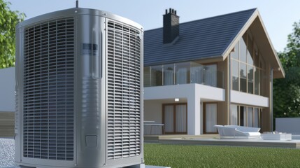 Outdoor air conditioning unit on a residential home background. HVAC and climate control concept.