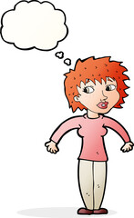 cartoon woman shrugging shoulders with thought bubble