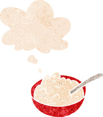 cartoon bowl of porridge and thought bubble in retro textured style