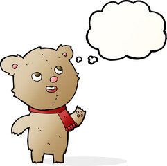 cartoon teddy bear wearing scarf with thought bubble