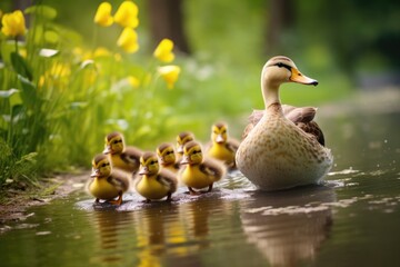 A mother duck leading her ducklings, Ai generated
