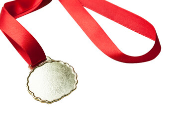 Gold medal on neutral background and red bead. Award concept. Games concept. Obejct isolated.