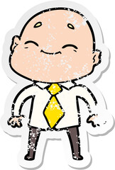 distressed sticker of a happy cartoon bald man