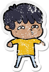 distressed sticker of a cartoon curious man