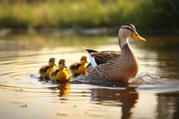 A mother duck leading her ducklings, Ai generated