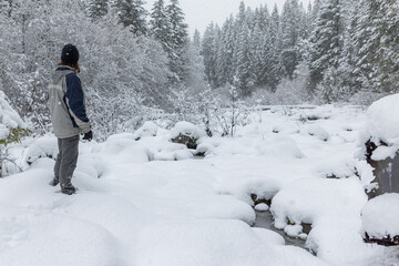 A person is standing in the snow, looking at a river. The scene is peaceful and serene, with the snow covering the ground and the trees in the background
