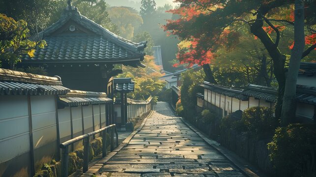 Tranquil asian alley in autumn - traditional architecture amidst fall foliage. serene walkway scene. photogenic travel destination. AI