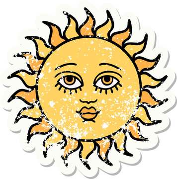 traditional distressed sticker tattoo of a sun with face