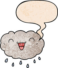 happy cartoon cloud and speech bubble in retro texture style
