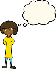 cartoon curious woman with thought bubble