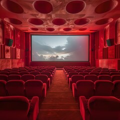 Fototapeta premium Empty red movie theater seats facing a large screen displaying clouds. conceptualizing cinematic experience. ideal for background usage. AI