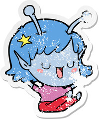 distressed sticker of a happy alien girl cartoon laughing