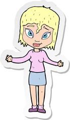 sticker of a cartoon woman shrugging shoulders