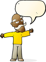 cartoon old man spreading arms wide with speech bubble