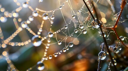 Close-Up View of Glistening Morning Dew Drops on Spider Web - obrazy, fototapety, plakaty