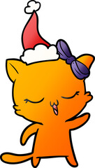 gradient cartoon of a cat with bow on head wearing santa hat