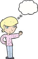 cartoon woman waving with thought bubble