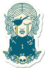 crying elf rogue character face with natural one D20 roll sticker