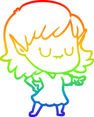 rainbow gradient line drawing happy cartoon elf girl wearing dress