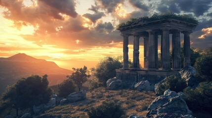 Golden hour light bathing Greek temple ruins in a pastoral setting, evoking themes of history, archeology, and the beauty of ancient architecture