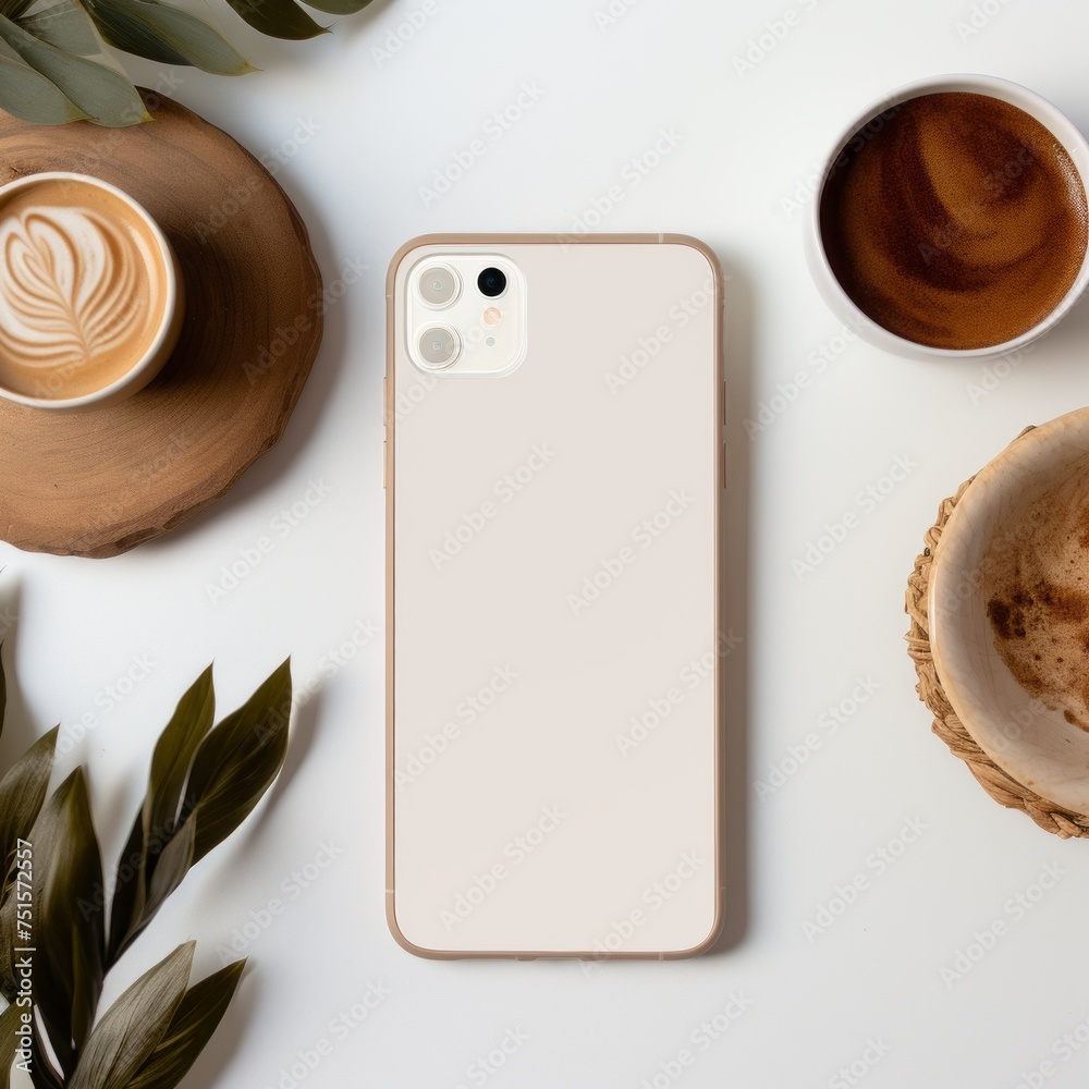 Poster top view of the smartphone case layout from behind on a white office table with a cup of coffee, lat