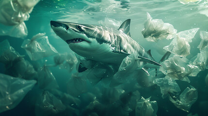 A shark swims through a sea of plastic bags, a disruptive yet poignant reminder of pollutions...